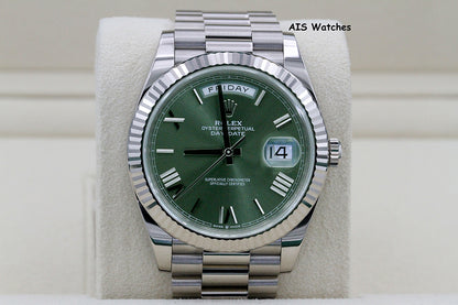 BNIB Rolex 228239 DayDate 40MM DD40 18K White Gold Olive Green Roman Dial B&P