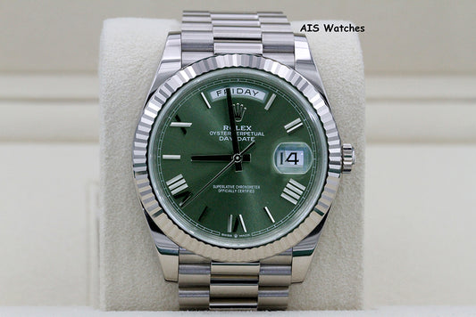 BNIB Rolex 228239 DayDate 40MM DD40 18K White Gold Olive Green Roman Dial B&P