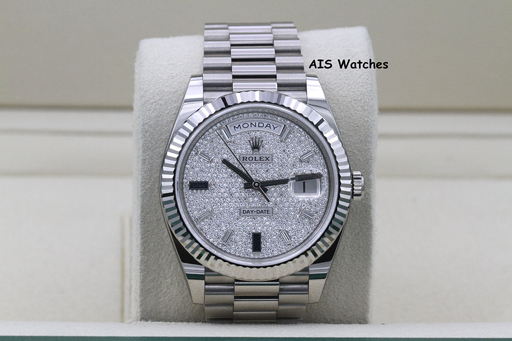 BNIB Rolex 228239 DayDate 40MM DD40 White Gold Diamond Pave Sapphire Baguettes