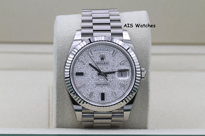 BNIB Rolex 228239 DayDate 40MM DD40 White Gold Diamond Pave Sapphire Baguettes