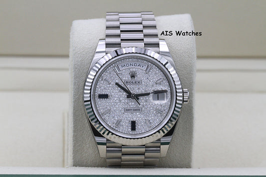 BNIB Rolex 228239 DayDate 40MM DD40 White Gold Diamond Pave Sapphire Baguettes