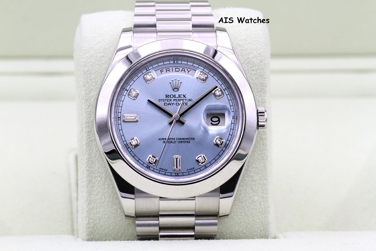 Rolex 218206 Platinum DayDate II 41MM DD2 Glacier Ice Blue Diamond Dial Box & Paper