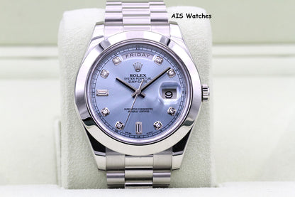 Rolex 218206 Platinum DayDate II 41MM DD2 Glacier Ice Blue Diamond Dial Box & Paper