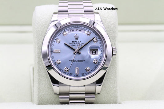 Rolex 218206 Platinum DayDate II 41MM DD2 Glacier Ice Blue Diamond Dial Box & Paper
