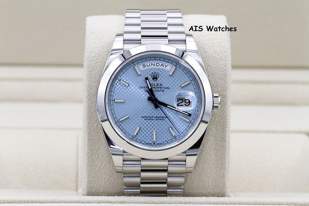 Rolex 228206 Platinum DayDate 40MM DD40 Ice Blue Diagonal Motif Dial B&P