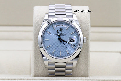 Rolex 228206 Platinum DayDate 40MM DD40 Ice Blue Diagonal Motif Dial B&P