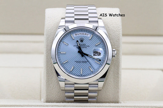 Rolex 228206 Platinum DayDate 40MM DD40 Ice Blue Diagonal Motif Dial B&P