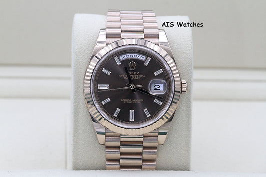 Rolex 228235 DayDate 40MM DD40 Rose Gold Chocolate Baguette Diamond Dial B&P