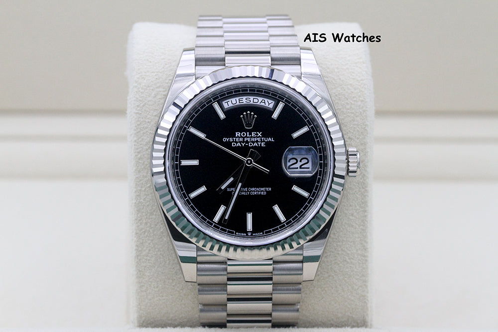 BNIB Rolex 228239 DayDate 40MM DD40 White Gold Black Stick Dial