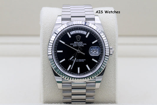 BNIB Rolex 228239 DayDate 40MM DD40 White Gold Black Stick Dial