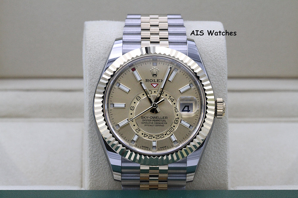 Rolex 326933 Sky-Dweller 18K Yellow Gold / SS Jubilee Champagne Dial B&P