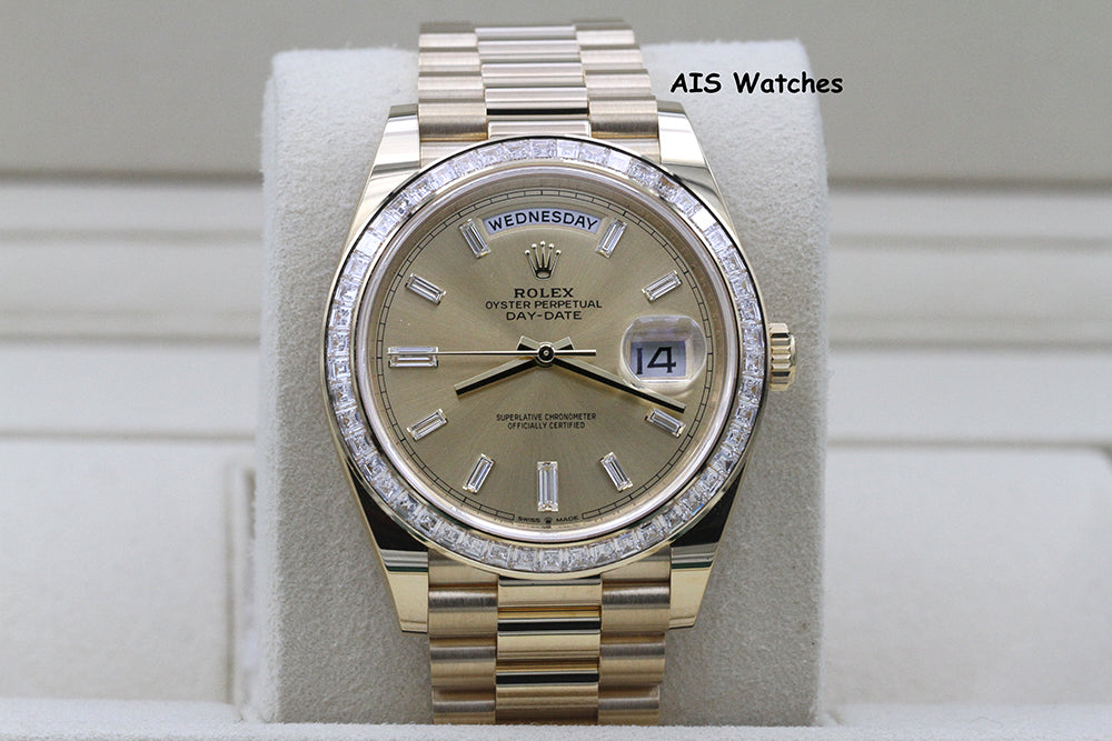 BNIB Rolex 228398TBR DayDate 40 18K YG Champagne Baguette Diamond Dial / Bezel