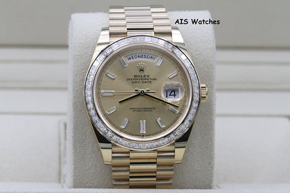 BNIB Rolex 228398TBR DayDate 40 18K YG Champagne Baguette Diamond Dial / Bezel