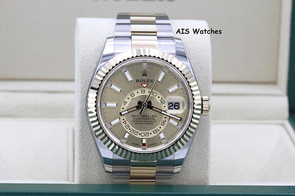 Rolex 326933 Sky-Dweller 18K Yellow Gold / SS Oyster Champagne Dial B&P