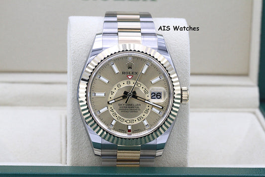 Rolex 326933 Sky-Dweller 18K Yellow Gold / SS Oyster Champagne Dial B&P