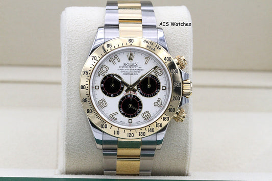 Rolex Daytona 116523 18K YG / SS Panda Arabic Racing Dial Box & Papers