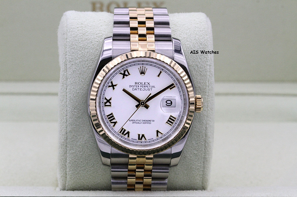 Rolex 116233 DateJust 36MM 18K YG/SS White Roman Dial Jubilee Bracelet B&P