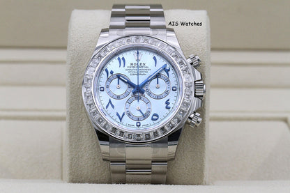 BNIB Rolex 116576TBR Platinum Daytona Cosmograph Ice Blue Arabic Dial Baguette Diamond Bezel B&P