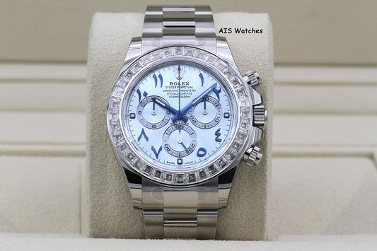 BNIB Rolex 116576TBR Platinum Daytona Cosmograph Ice Blue Arabic Dial Baguette Diamond Bezel B&P