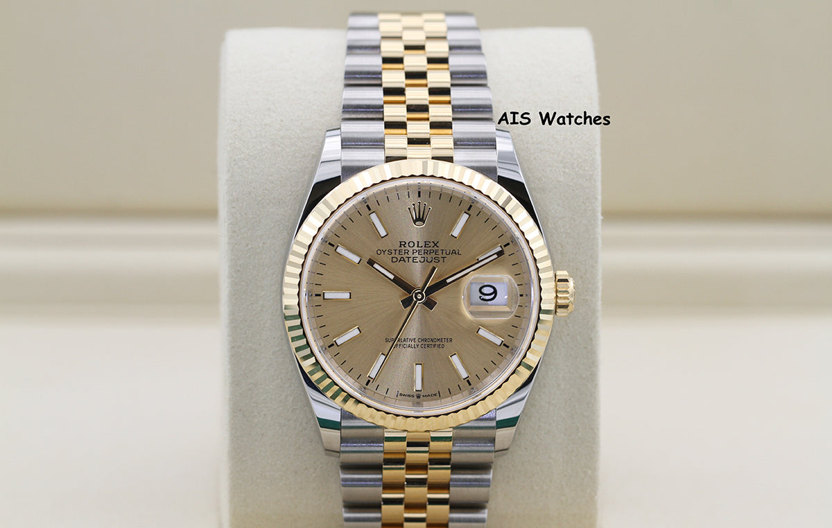 BNIB Rolex 126233 DateJust 36MM 18K YG/SS Champagne Stick Dial Jubilee Bracelet B&P
