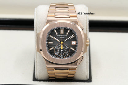 Patek Philippe Nautilus 5980/1R Chronograph 18K Rose Gold Black Dial Box & Papers