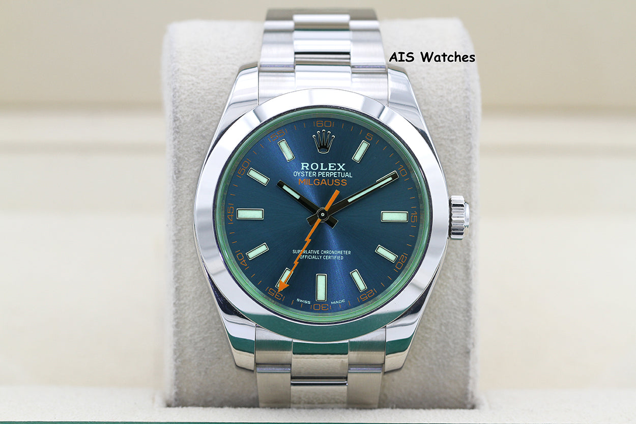 Rolex Milgauss Z-BLUE 116400GV Green Crystal Blue Dial 2017 Box & Papers