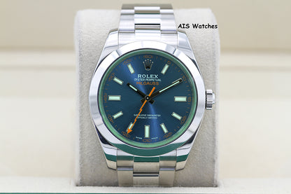 Rolex Milgauss Z-BLUE 116400GV Green Crystal Blue Dial 2017 Box & Papers