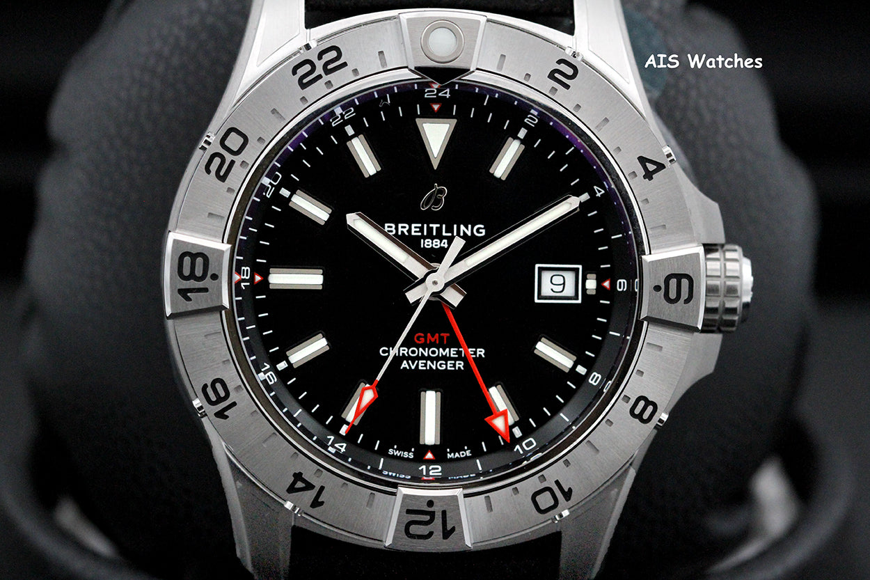 BNIB Breitling Avenger Automatic GMT A32320101B1X1 Black Dial Strap SS 44MM B&P