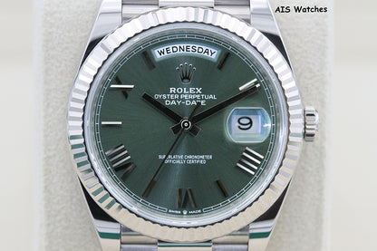 Rolex 228239 DayDate 40MM DD40 18K White Gold Olive Green Roman Dial B&P