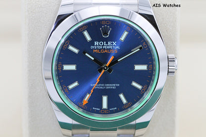Rolex Milgauss Z-BLUE 116400GV Green Crystal Blue Dial 2023 Box & Papers