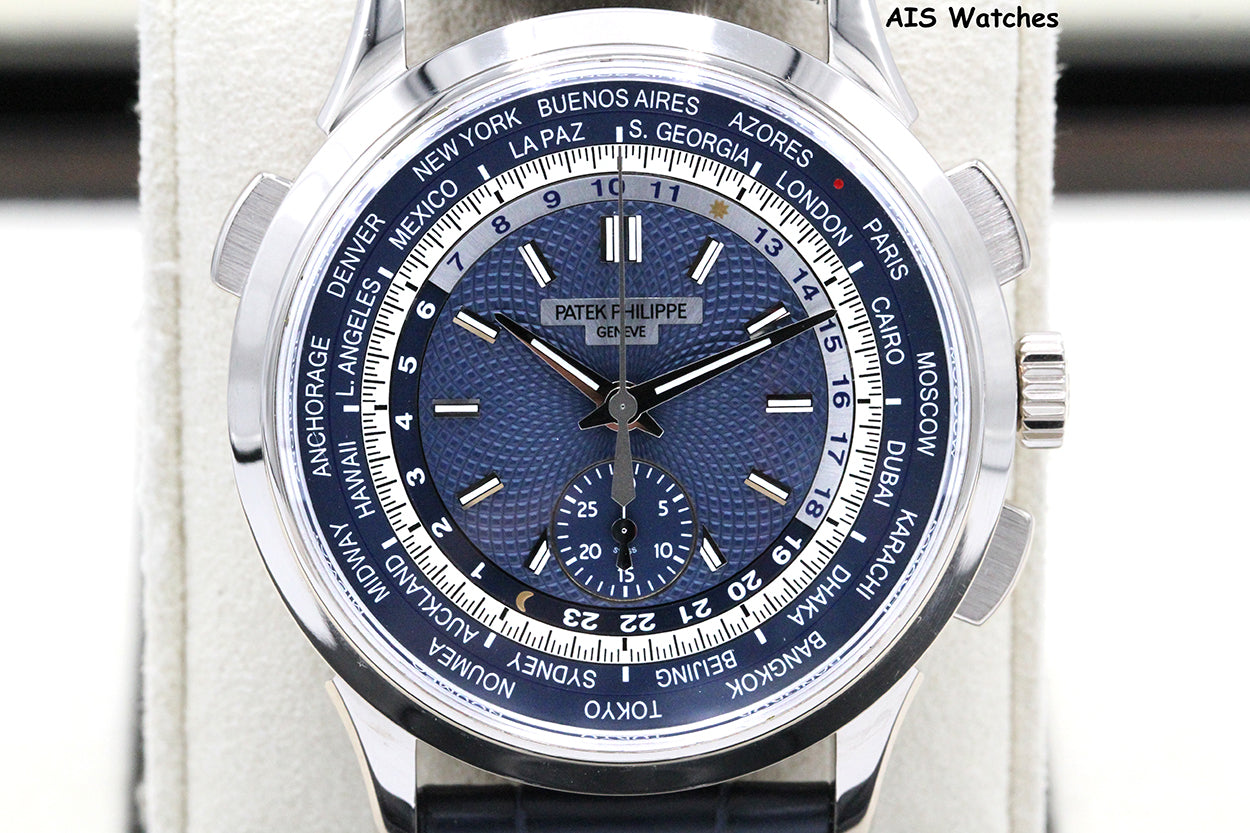 Patek Philippe 5930G World Time Chronograph White Gold Blue Dial Box & Paper