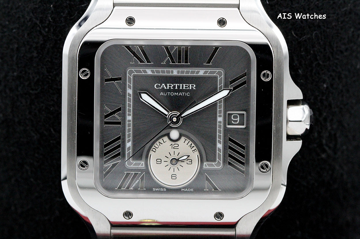 Cartier Santos De Cartier Large Steel WSSA0076 Dual Time GMT Grey Dial Box & Papers