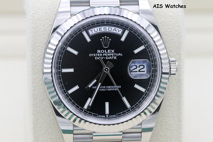 BNIB Rolex 228239 DayDate 40MM DD40 White Gold Black Stick Dial