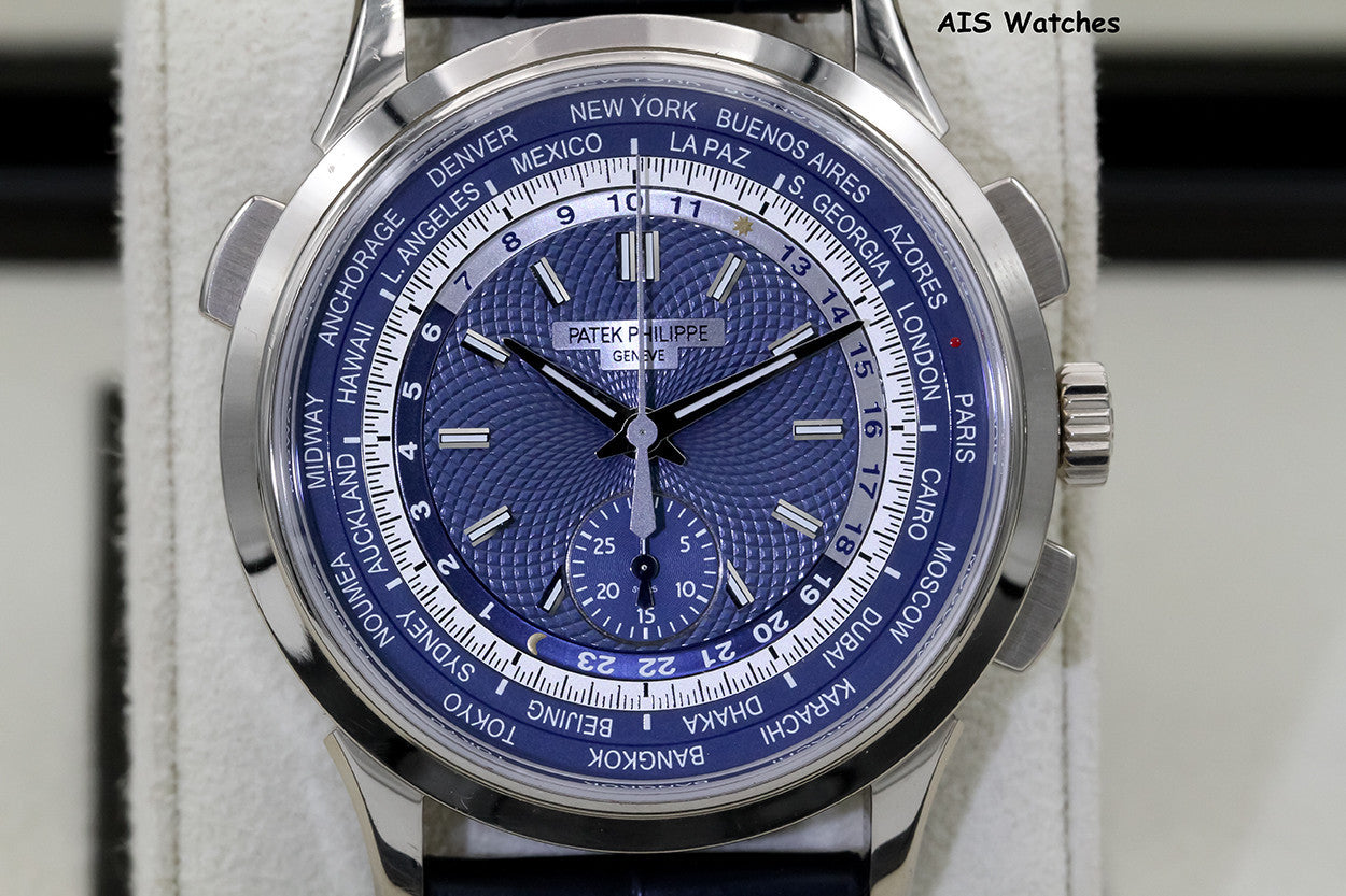 Patek Philippe 5930G World Time Chronograph White Gold Blue Dial Box & Paper