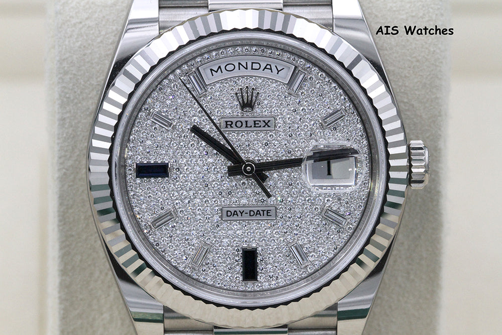 BNIB Rolex 228239 DayDate 40MM DD40 White Gold Diamond Pave Sapphire Baguettes