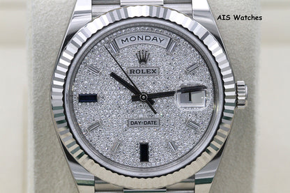 BNIB Rolex 228239 DayDate 40MM DD40 White Gold Diamond Pave Sapphire Baguettes