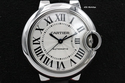 Cartier Ballon Bleu W6920085 SS 33MM Leather Strap Silver Dial Box & Papers