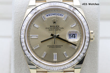 BNIB Rolex 228398TBR DayDate 40 18K YG Champagne Baguette Diamond Dial / Bezel