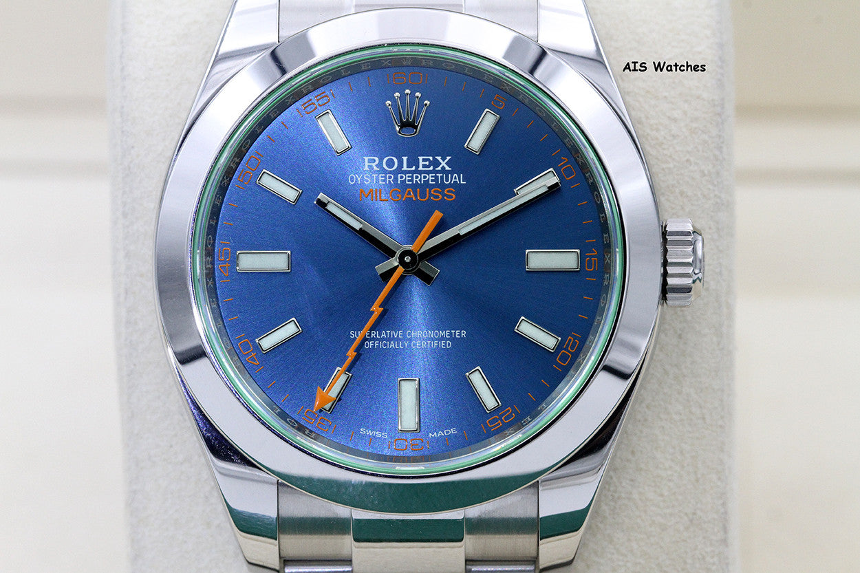 Rolex Milgauss Z-BLUE 116400GV Green Crystal Blue Dial 2021 Box & Papers
