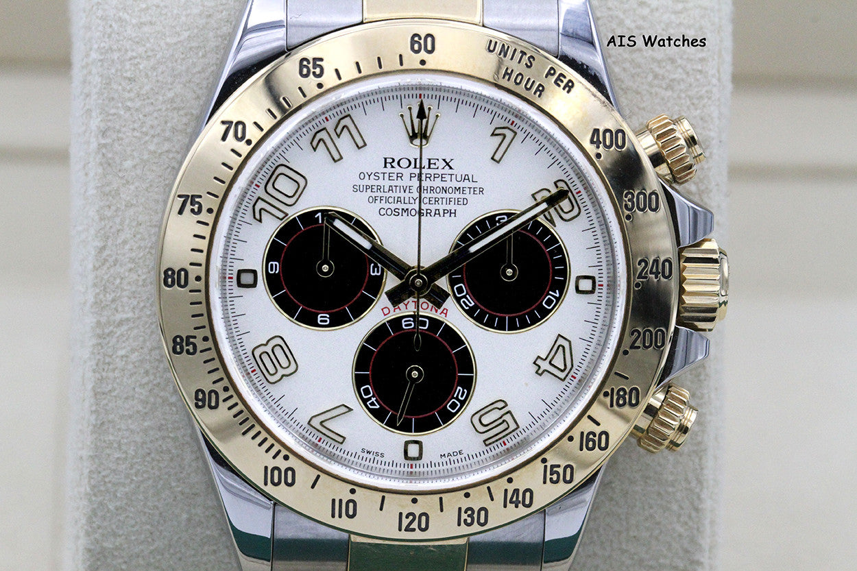 Rolex Daytona 116523 18K YG / SS Panda Arabic Racing Dial Box & Papers