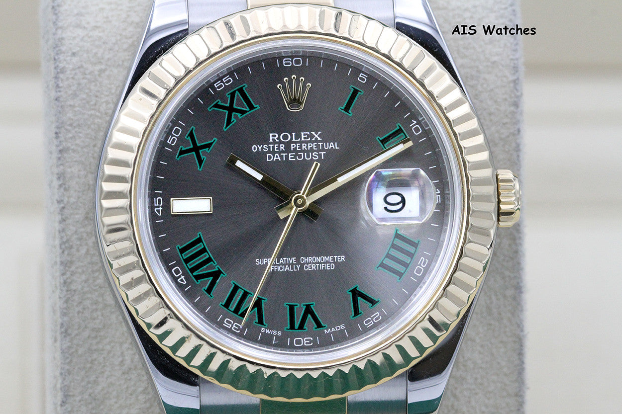 Rolex 116333 DateJust II 18K YG/SS Slate Roman Wimbledon Dial Oyster Box & Papers