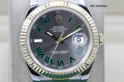 Rolex 116333 DateJust II 18K YG/SS Slate Roman Wimbledon Dial Oyster Box & Papers