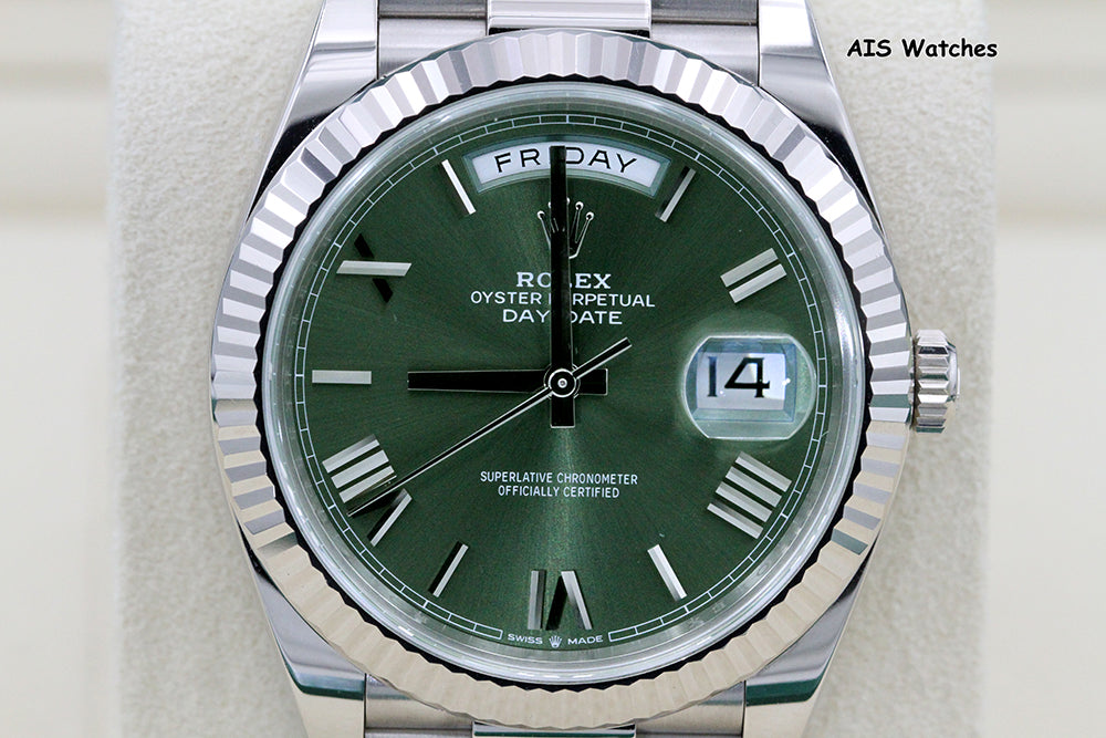 BNIB Rolex 228239 DayDate 40MM DD40 18K White Gold Olive Green Roman Dial B&P