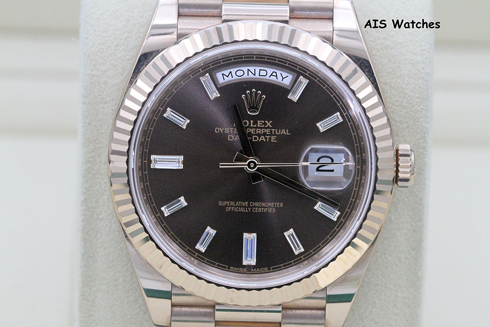 Rolex 228235 DayDate 40MM DD40 Rose Gold Chocolate Baguette Diamond Dial B&P