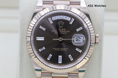 Rolex 228235 DayDate 40MM DD40 Rose Gold Chocolate Baguette Diamond Dial B&P