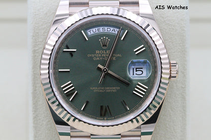 BNIB Rolex 228235 DayDate 40MM DD40 Rose Gold Olive Green Roman Dial B&P