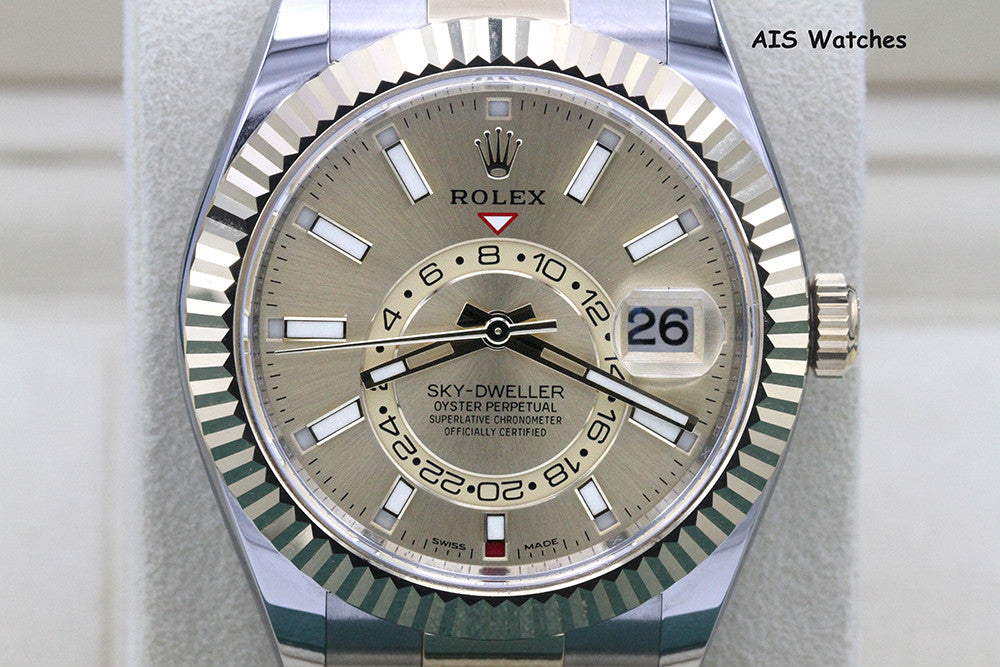 Rolex 326933 Sky-Dweller 18K Yellow Gold / SS Oyster Champagne Dial B&P