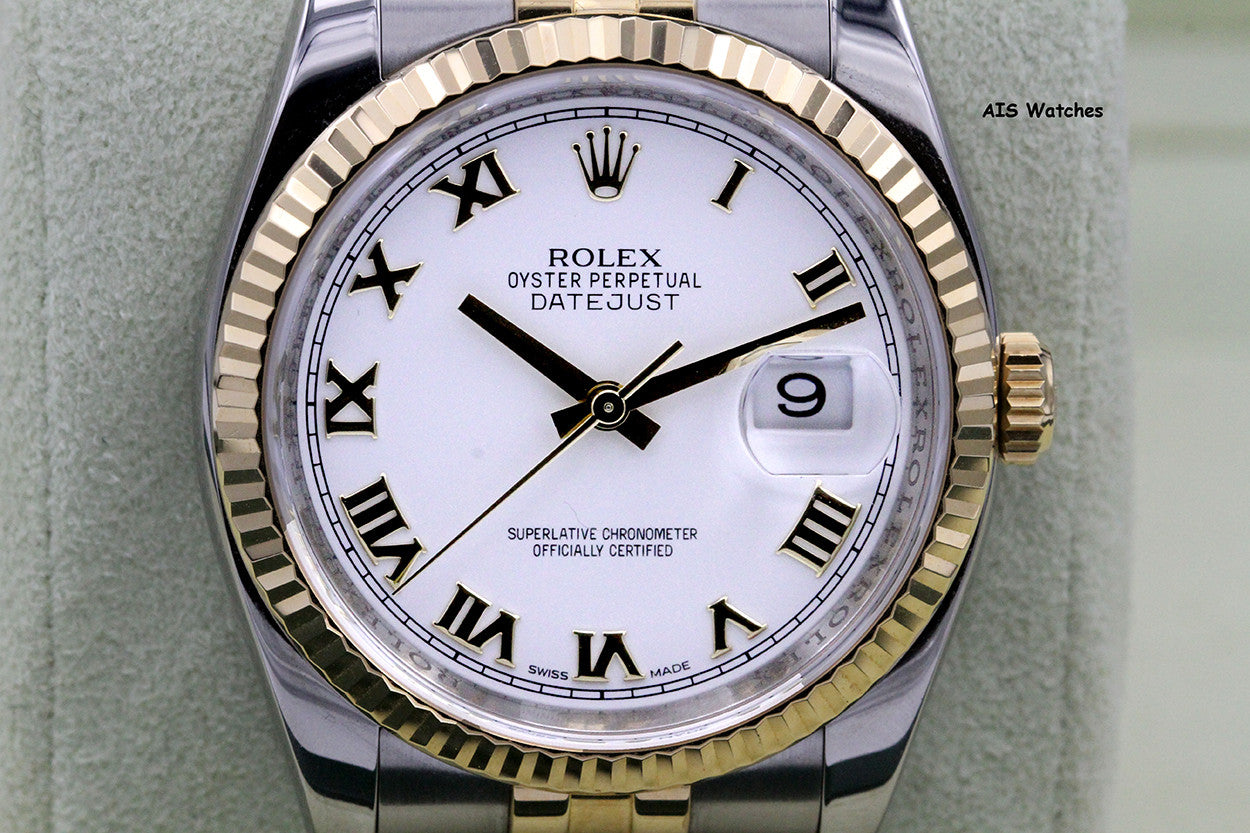 Rolex 116233 DateJust 36MM 18K YG/SS White Roman Dial Jubilee Bracelet B&P