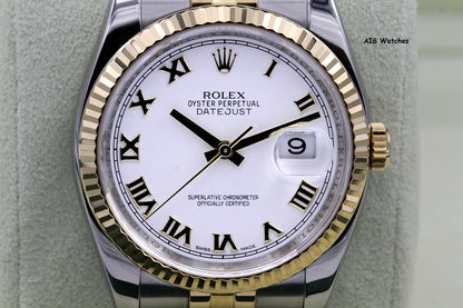 Rolex 116233 DateJust 36MM 18K YG/SS White Roman Dial Jubilee Bracelet B&P
