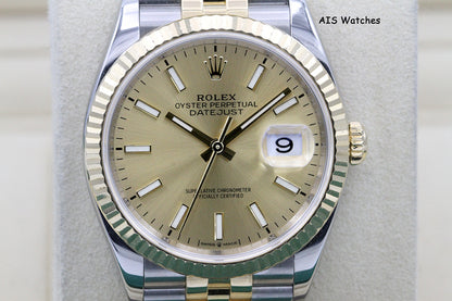 Rolex 126233 DateJust 36MM 18K YG/SS Champagne Stick Dial Jubilee Bracelet B&P